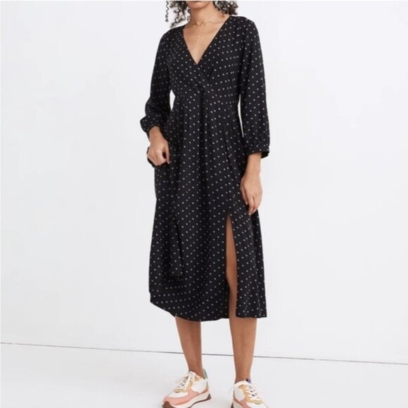 Madewell Polka Dot Surplice V-Neck Faux Wrap Midi Dress Black Purple Small - Picture 1 of 12